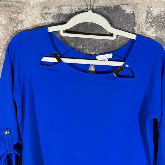 A'Gaci Blouse Woman's Small Royal Blue Gold Cut-Outs 3/4 Sleeve Corpcore Office - Picture 2 of 12